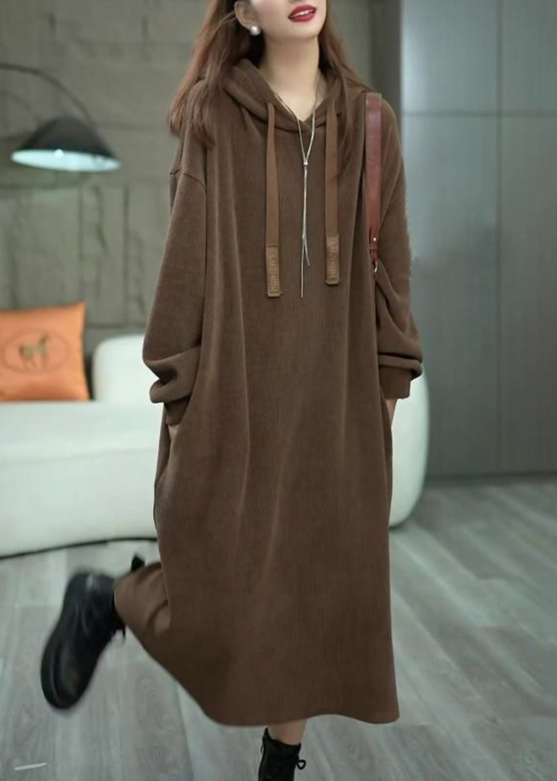 Loose Coffee Hooded Pockets Solid Long Dress Winter WM011 ABC