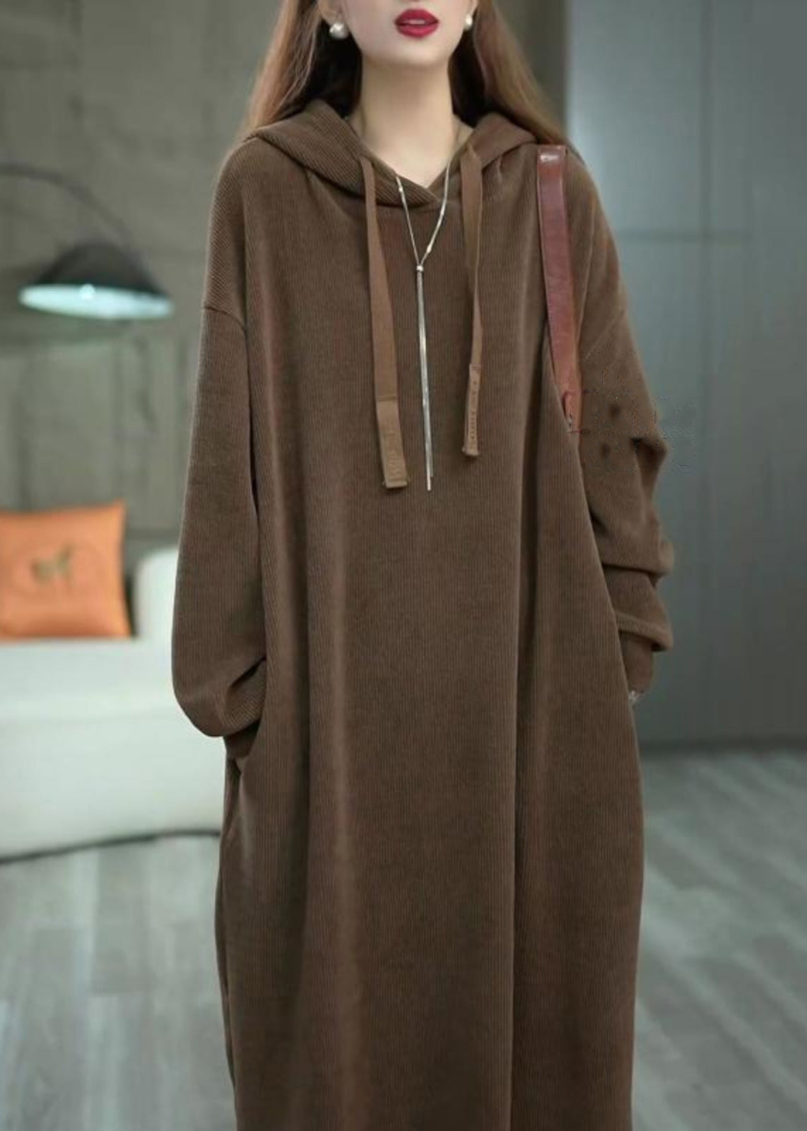 Loose Coffee Hooded Pockets Solid Long Dress Winter WM011 ABC