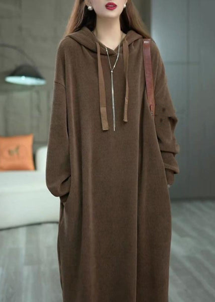 Loose Coffee Hooded Pockets Solid Long Dress Winter WM011 ABC