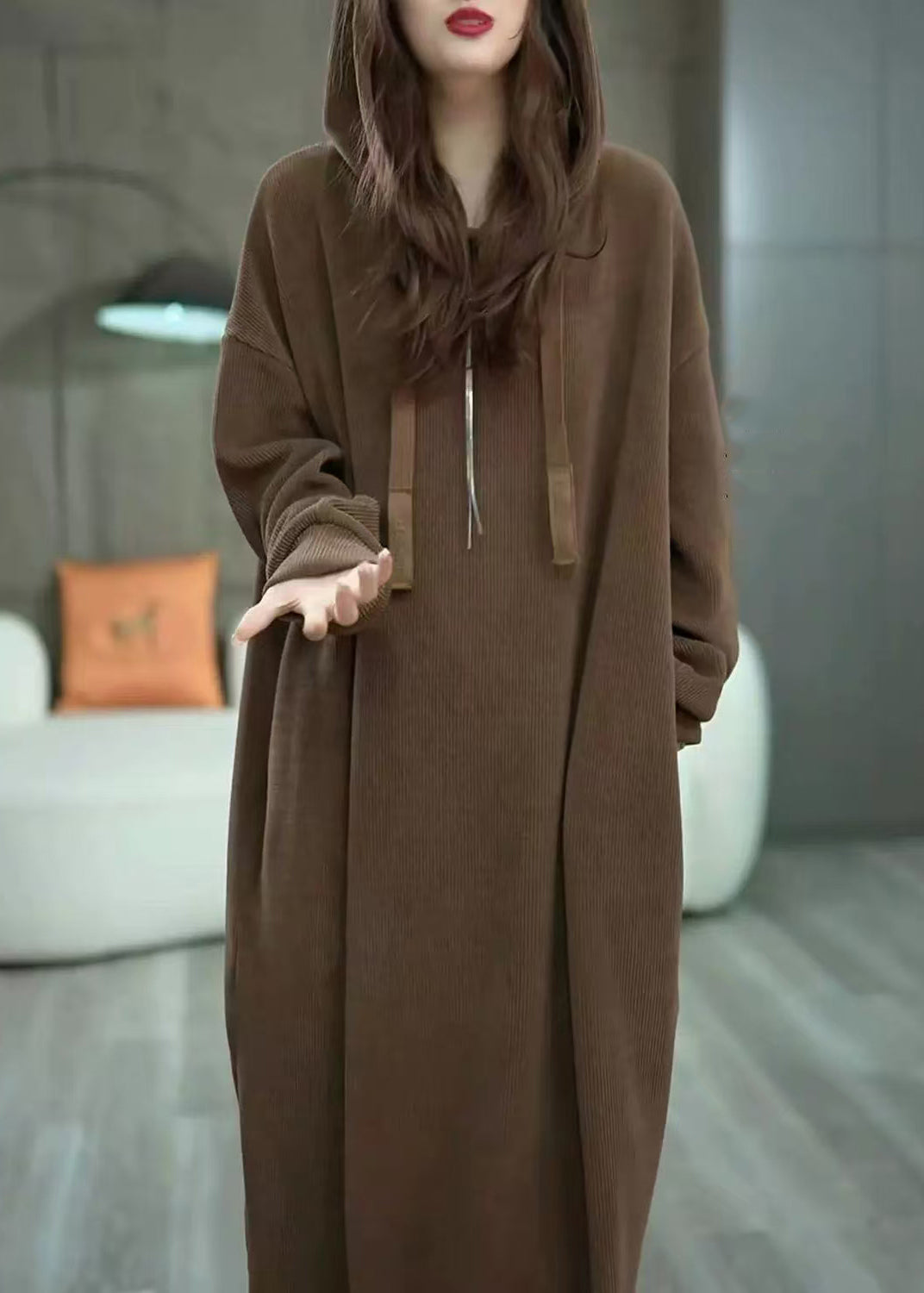 Loose Coffee Hooded Pockets Solid Long Dress Winter WM011 ABC