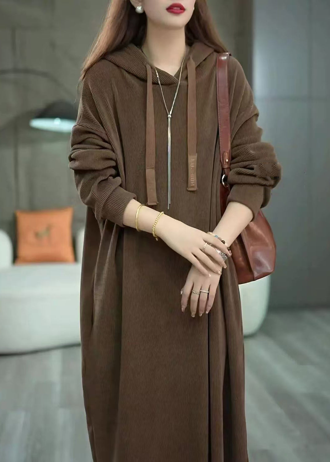 Loose Coffee Hooded Pockets Solid Long Dress Winter WM011 ABC