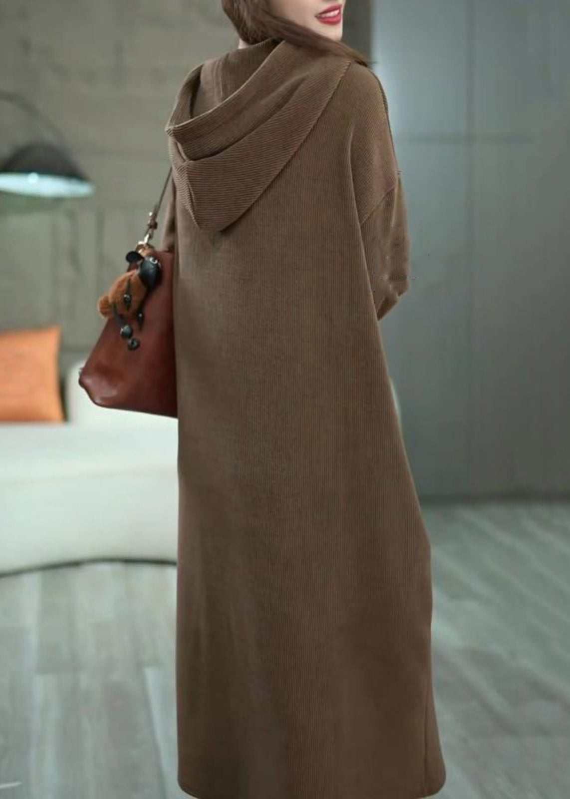 Loose Coffee Hooded Pockets Solid Long Dress Winter WM011 ABC