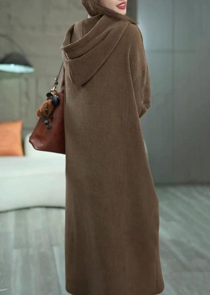 Loose Coffee Hooded Pockets Solid Long Dress Winter WM011 ABC