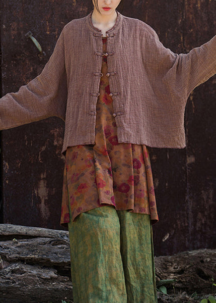 Loose Coffee O Neck Button Cotton Coats Batwing Sleeve GH1029 Ada Fashion