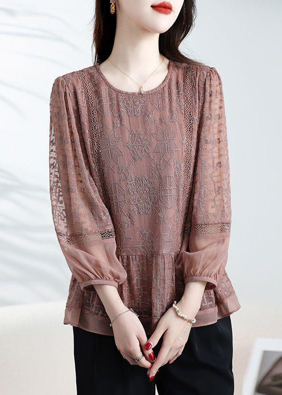 Loose Coffee O-Neck Embroidered Patchwork Silk Top Bracelet Sleeve WR028 OL-LTP241103