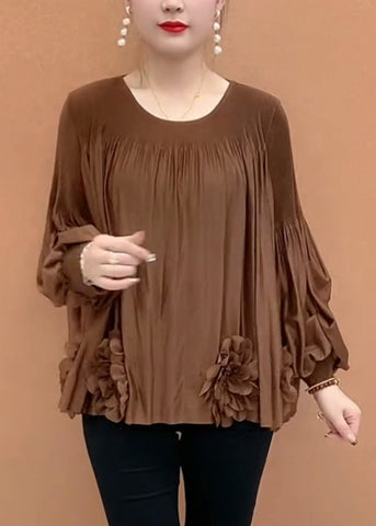 Patchwork Shirt Sleeve Loose Coffee Floral T O-Neck Lantern FashionChic