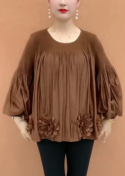 Patchwork Shirt Sleeve Loose Coffee Floral T O-Neck Lantern FashionChic