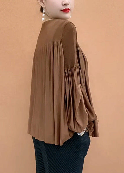 Patchwork Shirt Sleeve Loose Coffee Floral T O-Neck Lantern FashionChic