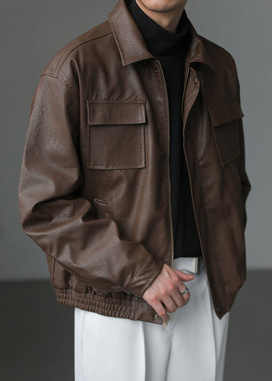 Loose Coffee Peter Pan Collar Pockets Faux Leather Men Coat Spring RN021 ABC