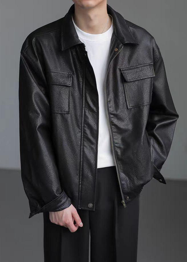 Loose Coffee Peter Pan Collar Pockets Faux Leather Men Coat Spring RN021 ABC