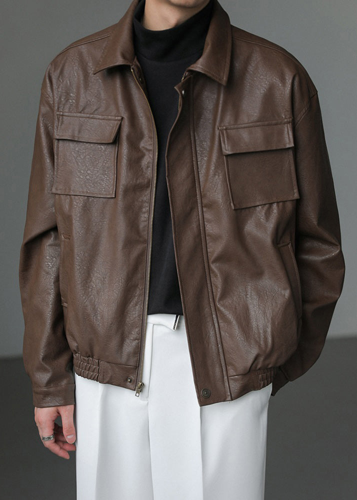 Loose Coffee Peter Pan Collar Pockets Faux Leather Men Coat Spring RN021 ABC