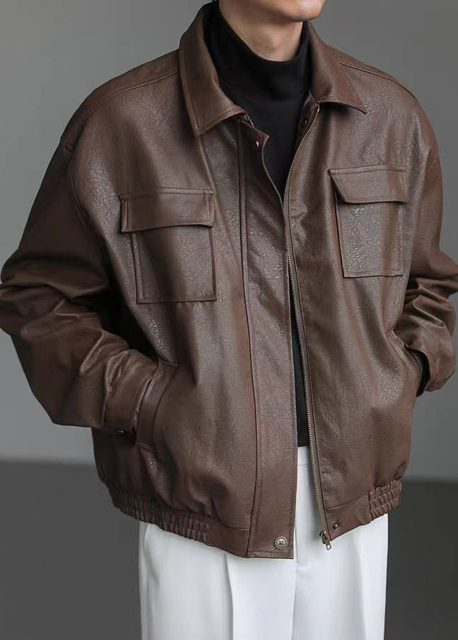 Loose Coffee Peter Pan Collar Pockets Faux Leather Men Coat Spring RN021 ABC