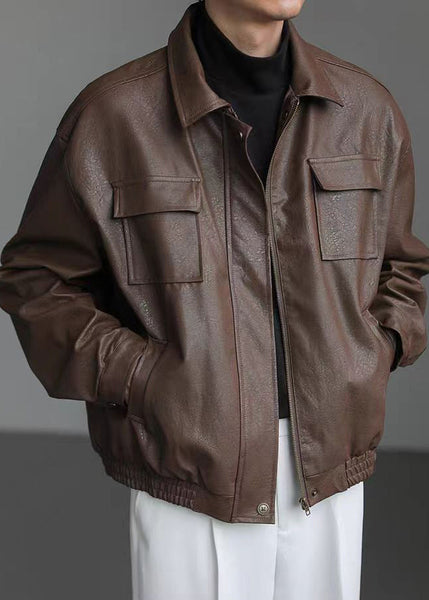 Loose Coffee Peter Pan Collar Pockets Faux Leather Men Coat Spring RN021 ABC