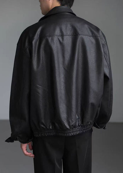 Loose Coffee Peter Pan Collar Pockets Faux Leather Men Coat Spring RN021 ABC