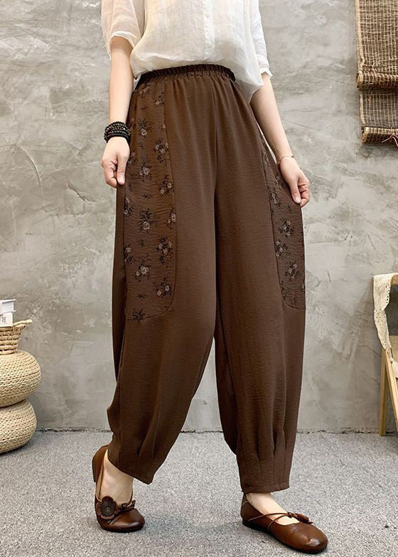 Loose Coffee Pockets Elastic Waist Cotton Crop Pants Summer AU1047 MZF-240903