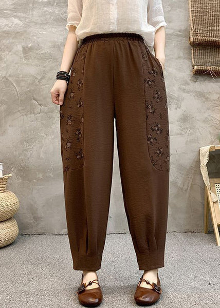 Loose Coffee Pockets Elastic Waist Cotton Crop Pants Summer AU1047 MZF-240903