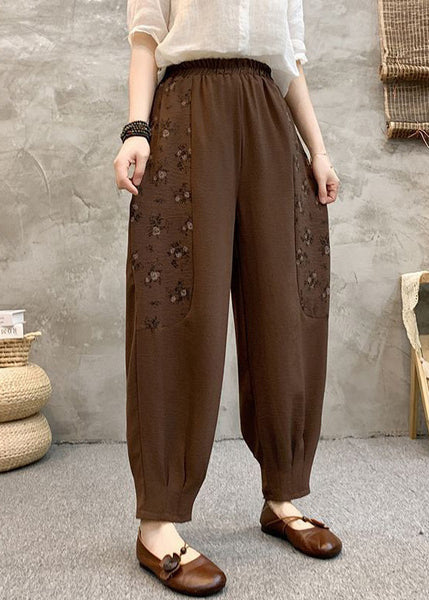 Loose Coffee Pockets Elastic Waist Cotton Crop Pants Summer AU1047 MZF-240903