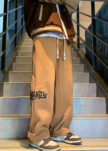 Loose Coffee Pockets Elastic Waist Warm Fleece Men Pants Winter WA043 MENP241110