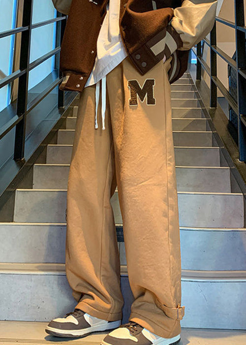 Loose Coffee Pockets Elastic Waist Warm Fleece Men Pants Winter WA043 MENP241110