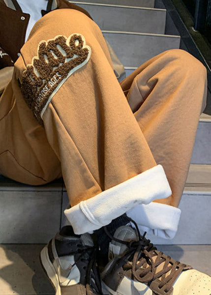 Loose Coffee Pockets Elastic Waist Warm Fleece Men Pants Winter WA043 MENP241110