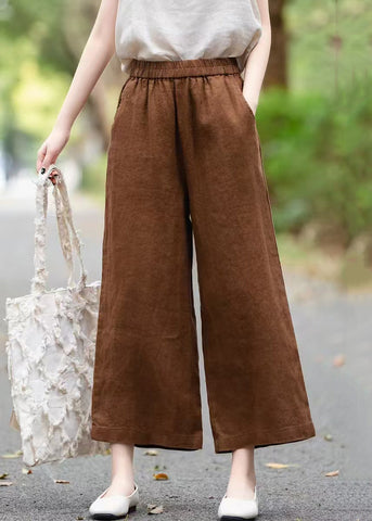 Loose Wide Coffee Summer Pants Leg Pockets Linen FashionChic