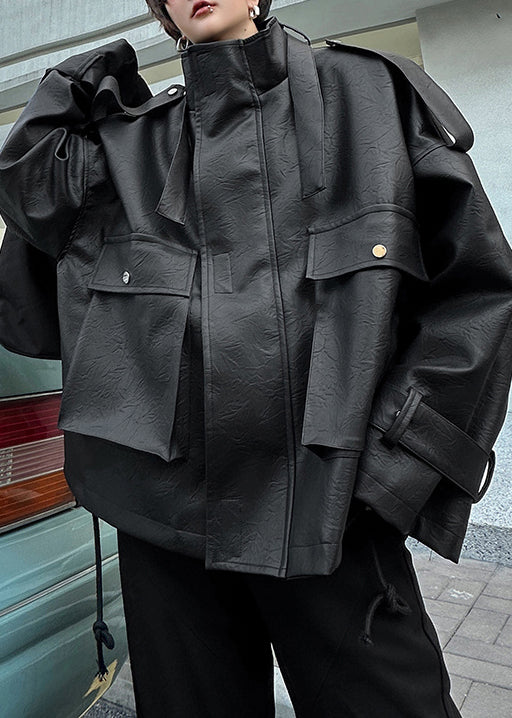 Loose Coffee Stand Collar Pockets Faux Leather Men Coat Spring RN029 ABC