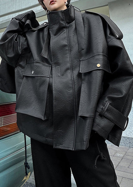 Loose Coffee Stand Collar Pockets Faux Leather Men Coat Spring RN029 ABC