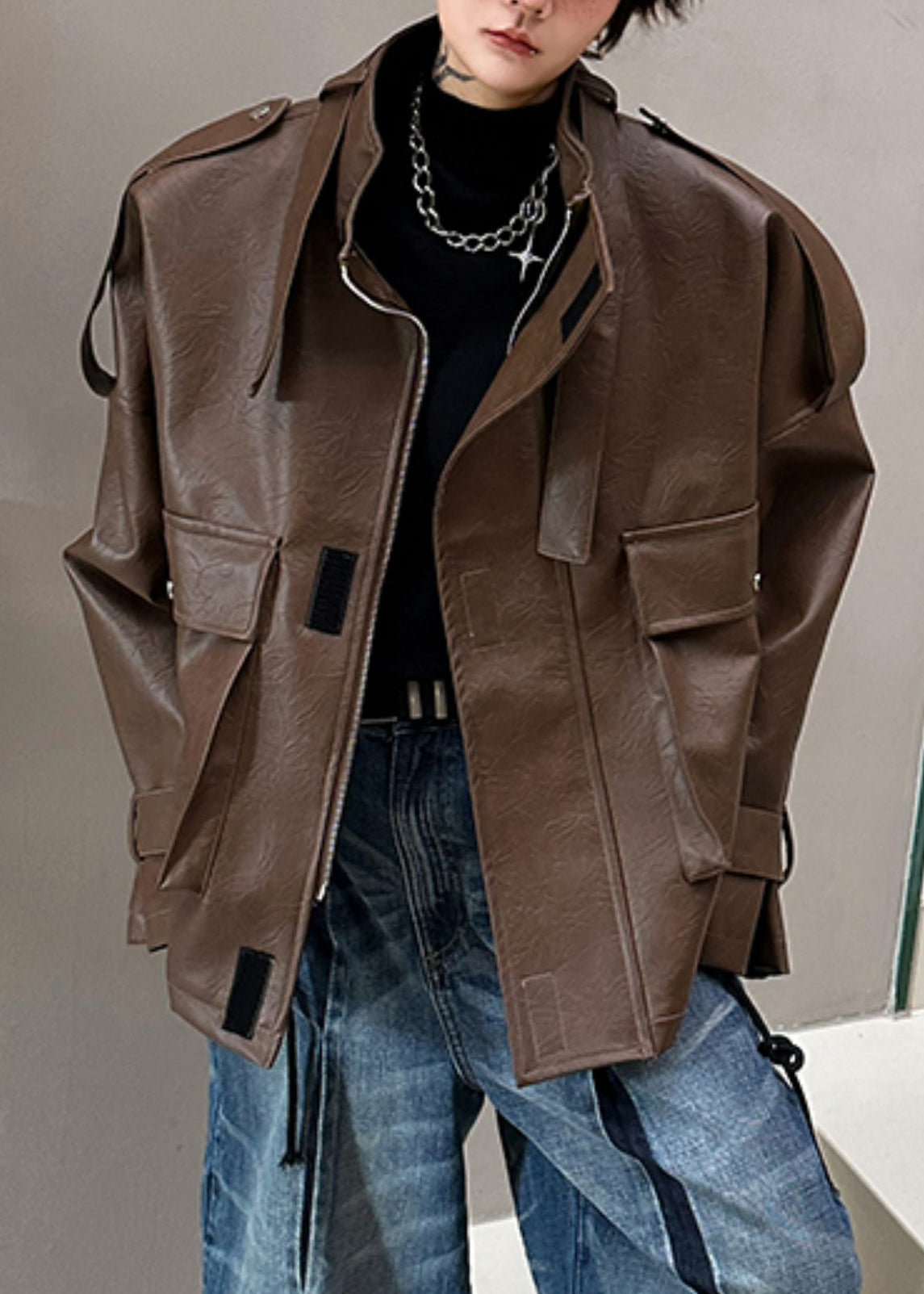 Loose Coffee Stand Collar Pockets Faux Leather Men Coat Spring RN029 ABC