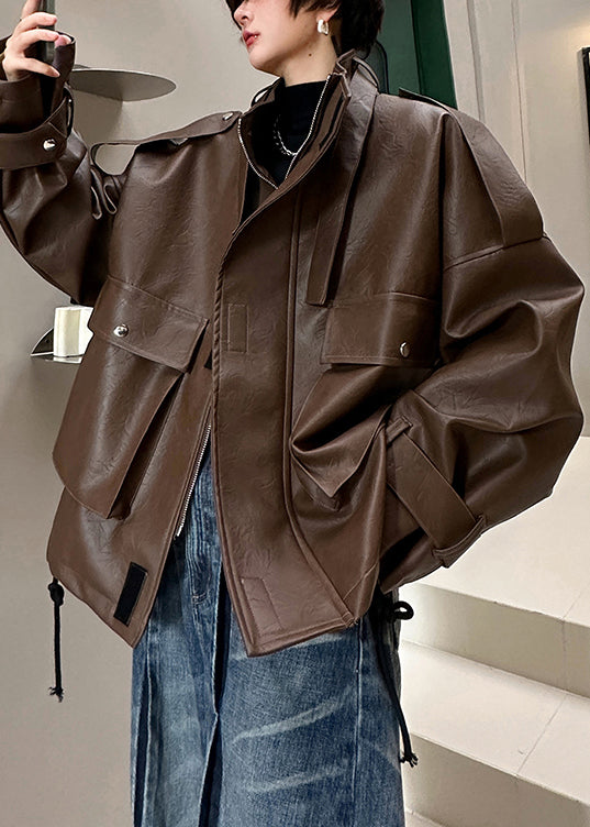 Loose Coffee Stand Collar Pockets Faux Leather Men Coat Spring RN029 ABC