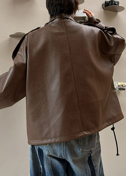 Loose Coffee Stand Collar Pockets Faux Leather Men Coat Spring RN029 ABC