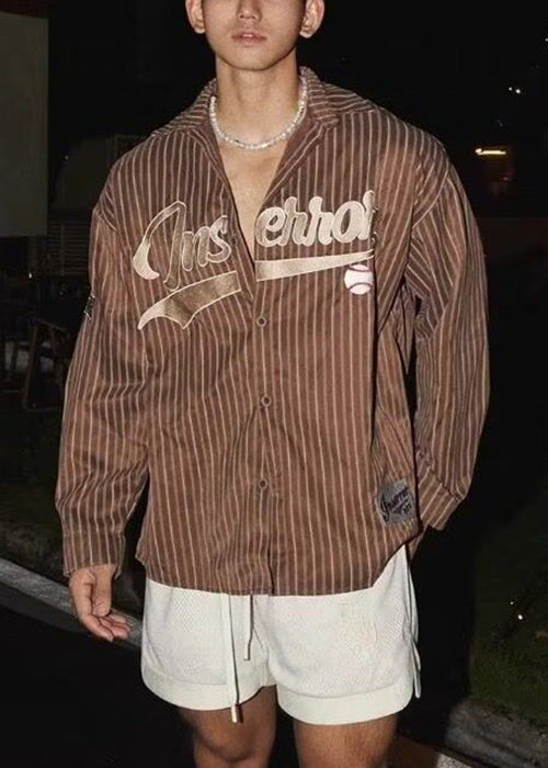 Loose Striped Men Shirts Cotton Letter Coffee Spring FashionChic