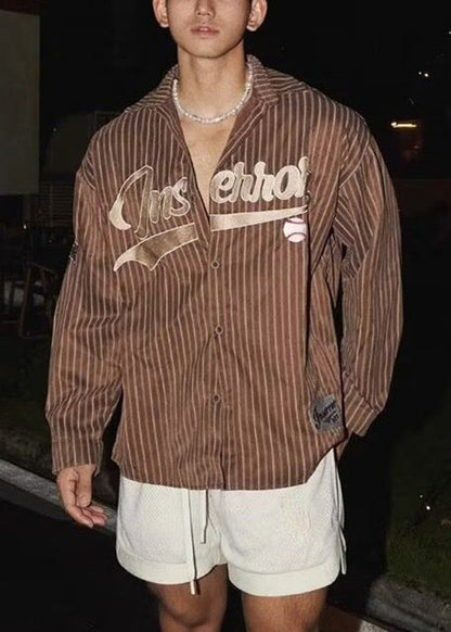 Loose Striped Men Shirts Cotton Letter Coffee Spring FashionChic