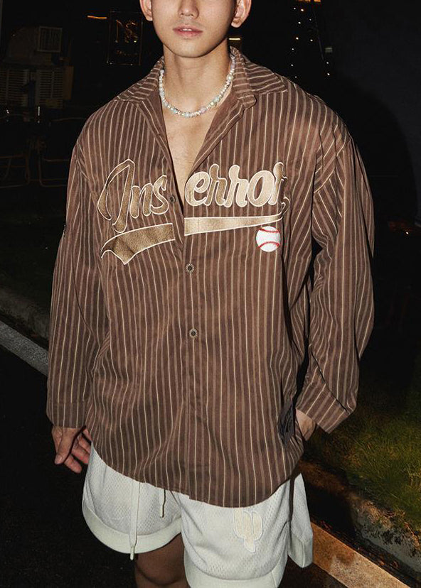 Loose Striped Men Shirts Cotton Letter Coffee Spring FashionChic