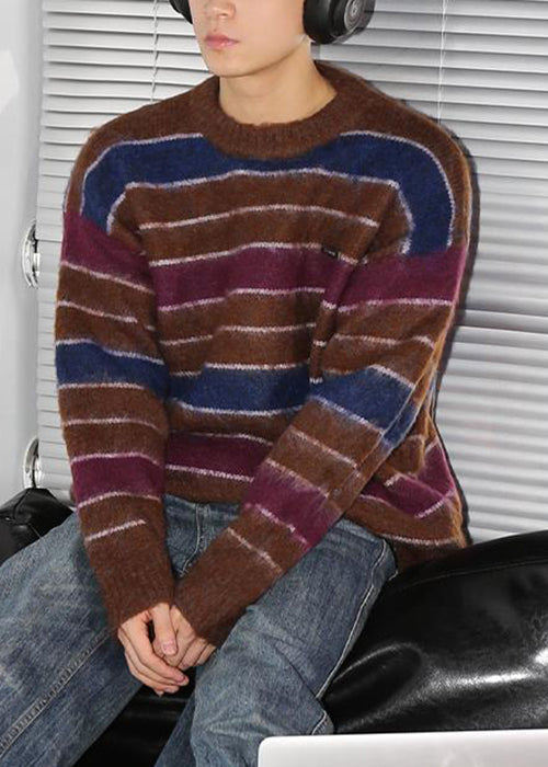 Loose Coffee Striped Thick Cotton Knit Men Sweaters Winter QF026 MENSW241016