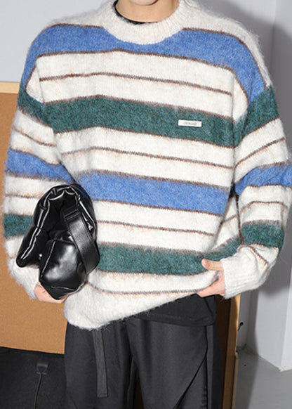 Loose Coffee Striped Thick Cotton Knit Men Sweaters Winter QF026 MENSW241016