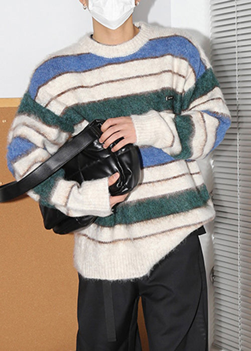 Loose Coffee Striped Thick Cotton Knit Men Sweaters Winter QF026 MENSW241016