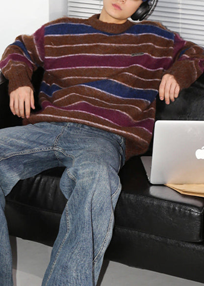 Loose Coffee Striped Thick Cotton Knit Men Sweaters Winter QF026 MENSW241016