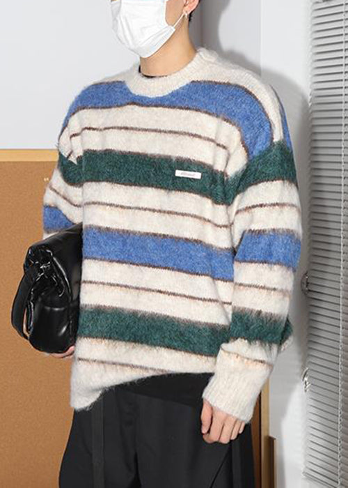 Loose Coffee Striped Thick Cotton Knit Men Sweaters Winter QF026 MENSW241016