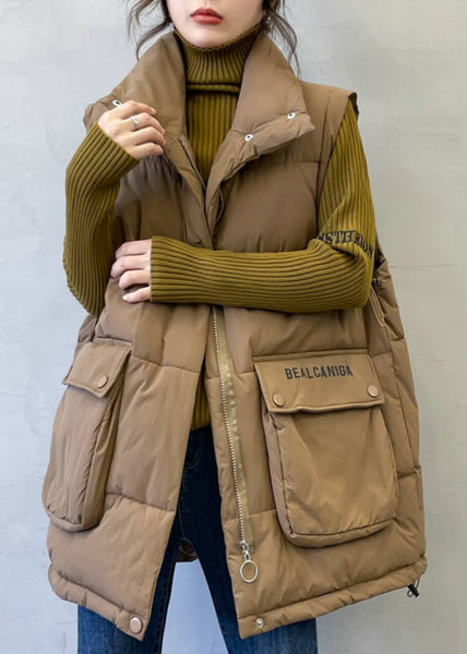 Loose Coffee Zip Up Letter Pockets Cotton Filled Waistcoat Sleeveless YW010 ABC