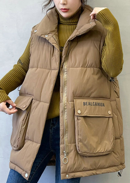 Loose Coffee Zip Up Letter Pockets Cotton Filled Waistcoat Sleeveless YW010 ABC