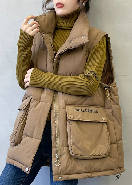 Loose Coffee Zip Up Letter Pockets Cotton Filled Waistcoat Sleeveless YW010 ABC