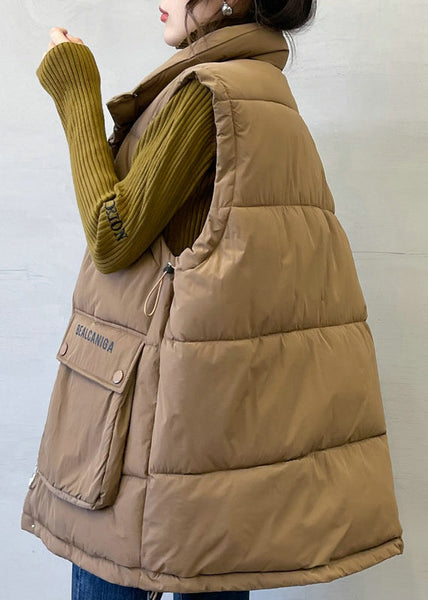 Loose Coffee Zip Up Letter Pockets Cotton Filled Waistcoat Sleeveless YW010 ABC