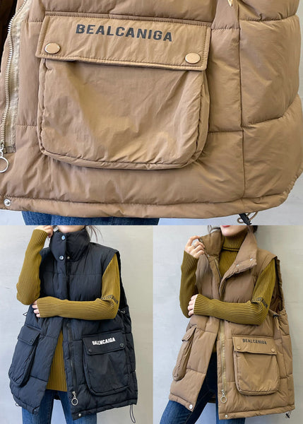 Loose Coffee Zip Up Letter Pockets Cotton Filled Waistcoat Sleeveless YW010 ABC
