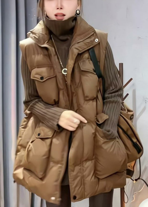 Loose Coffee Zip Up Pockets Cotton Filled Waistcoat Sleeveless YW015 ABC