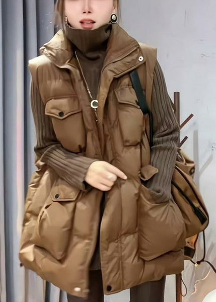 Loose Coffee Zip Up Pockets Cotton Filled Waistcoat Sleeveless YW015 ABC