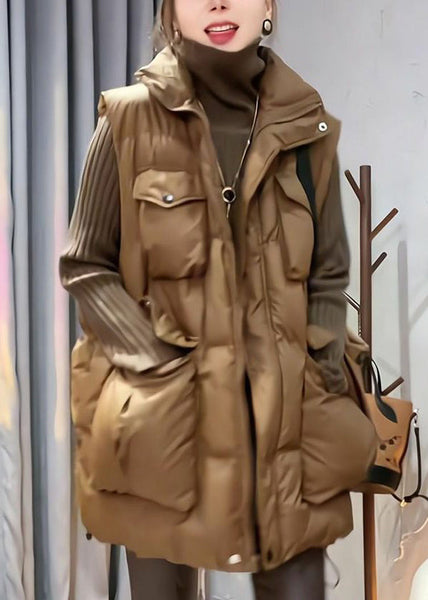 Loose Coffee Zip Up Pockets Cotton Filled Waistcoat Sleeveless YW015 ABC