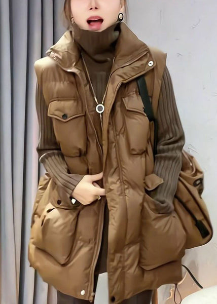 Loose Coffee Zip Up Pockets Cotton Filled Waistcoat Sleeveless YW015 ABC