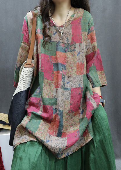 Loose Colorblock Print Side Open Linen Shirt Half Sleeve GG062 MZF-HTP240610