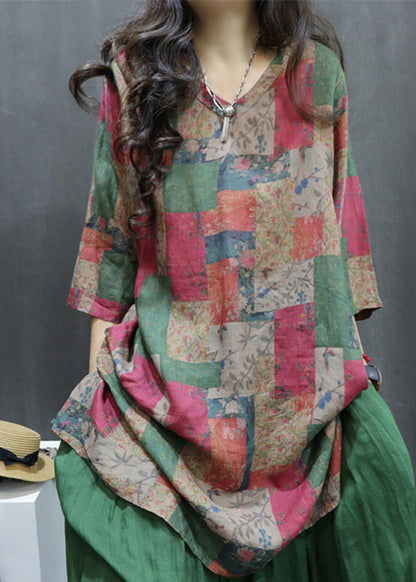 Loose Colorblock Print Side Open Linen Shirt Half Sleeve GG062 MZF-HTP240610