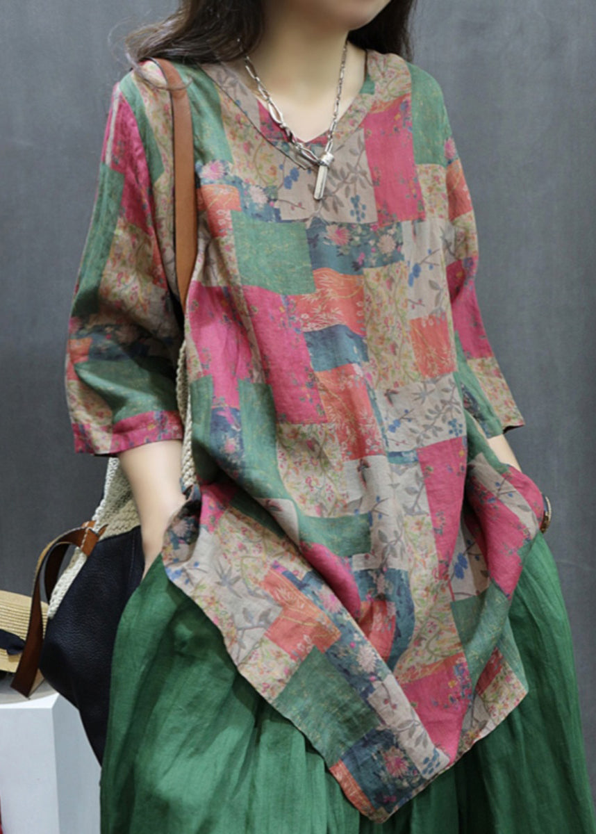 Loose Colorblock Print Side Open Linen Shirt Half Sleeve GG062 MZF-HTP240610